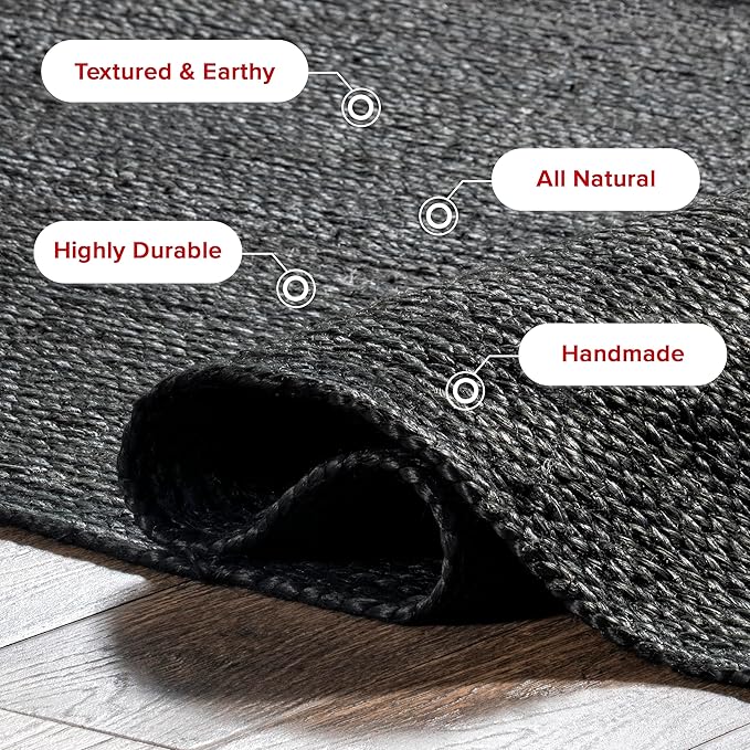 nuLOOM 2x3 Rigo Jute Hand Woven Area Rug, Black, Solid Farmhouse Design, Natural Fiber, For Bedroom, Living Room, Dining Room, Hallway, Office, Kitchen, Entryway