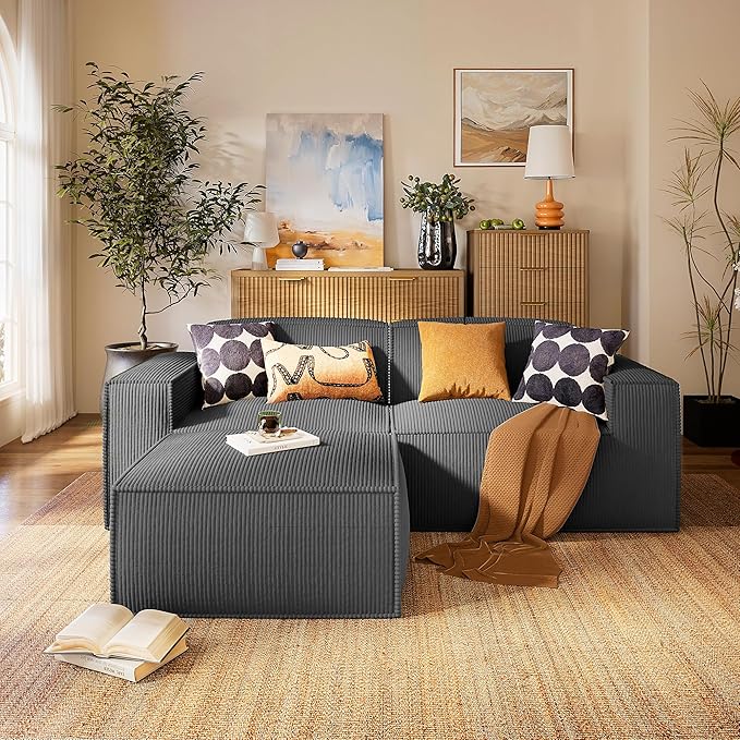 Marsail Modular Sectional Sofa, 80" L-Shaped Modular Sectional Couch with Deep Seat, Freely Combinable Sectional Clound Sofa for Living Room, No Assembly, Plush Corduroy Fabric, Grey