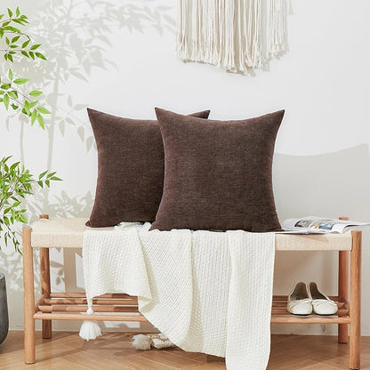 GAWAMAY Decorative Chenille Throw Pillow Covers 24x24 Inch Pack of 2, Soft Square Couch Pillow Cover for Sofa Cushion Living Room Bedroom Solid Dyed Pillowcases Coffee 60x60cm (ONLY Covers)