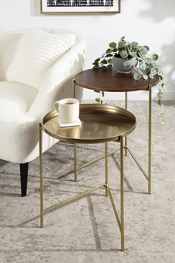 Kate and Laurel Ulani Modern Nesting Side Table, Set of 2, Walnut Brown Wood and Gold Metal, Glamorous End Tables for Storage and Display