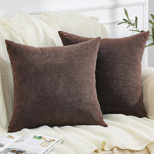 GAWAMAY Decorative Chenille Throw Pillow Covers 24x24 Inch Pack of 2, Soft Square Couch Pillow Cover for Sofa Cushion Living Room Bedroom Solid Dyed Pillowcases Coffee 60x60cm (ONLY Covers)