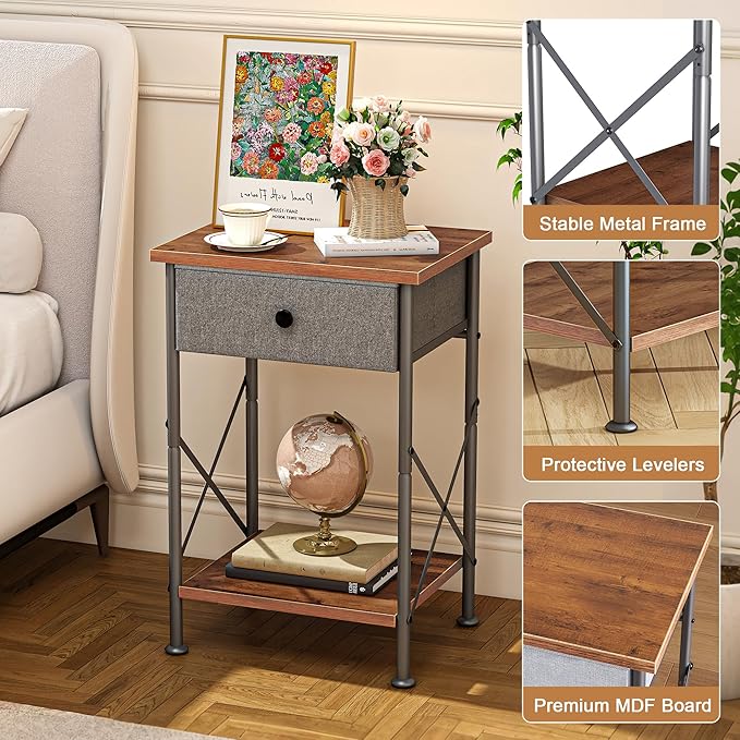 VECELO End Tables, Modern Nightstand with Fabric Drawer & Open Shelf, Night Stand for Bedroom Living Room, Industrial Metal Frame, Easy Assembly, Retro Brown,1 Pack