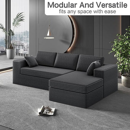 108-inch Boneless Couch for Living Room，Comfy Boneless Sofa with Deep Seats & Chaise Lounge, 3-Seat Modular Sofa Memory Foam Sectional Couches - No Assembly Required(Dark Grey)