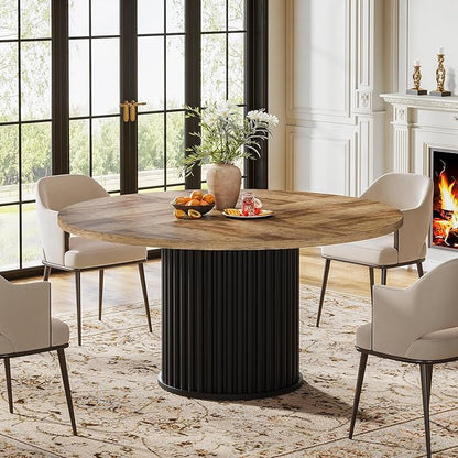 Tribesigns Round Dining Table for 4-6, 47-Inch Modern Circle Kitchen Table with Fluted Round Base, Farmhouse Wood Dinner Table for Dining Room, Kitchen, Living Room, Brown and Black