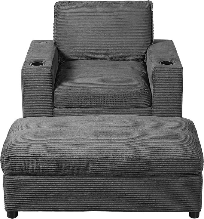 Christopher Knight Home Zoe Oversized Chaise Lounge Chair Indoor with Cup Holders & USB Charging Port, Corduroy Upholstered Sofa Bed + Ottoman with Storage, Comfy Deep Seat Sleeper Sofa Chair, Grey