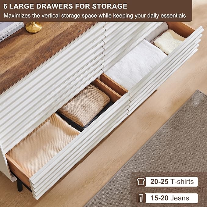 RedLemon 6 Drawers Dresser for Bedroom, 54'' Wide Mid Century Modern Wood Fluted Double Dresser, Chest of Drawers with Tapered Leg for Bedroom, Living Room, Hallway, Closet, Antuique White