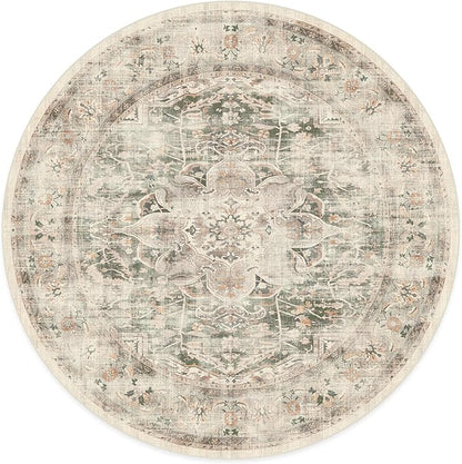 RUGGABLE Washable Vintage Area Rug – Sarrah Sage 8 ft Round, Stain-Resistant, Non-Slip – Large Machine Washable Rugs for Living Room, Bedroom, Hallway, Entryway & Office–with Cushioned Pad