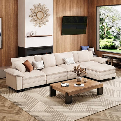 157-Inch L Shaped Sectional Sofa with Cloud Cushions, Deep Seat Modular Couch Set w/ 5 Seats & 1 Ottomans, Plush Chenille & Corduroy Upholstery for Living Room, Apartment - Beige