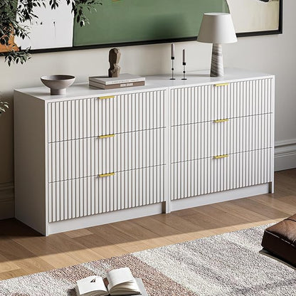3-Piece Dresser Bedroom Set, 8 Drawer Dresser & 3 Drawer Nightstands with Gold Handles, Fluted Wood Chest of Drawers for Bedroom, Living Room, Entryway, White