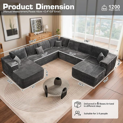146'' Oversized Boneless Sectional Couch, U Shaped Cloud Couches with Chaise & Ottoman, Plush Corduroy 8 Seater Deep Seat Modular Sofa Sets for Living Room, No Assembly Required, Gray