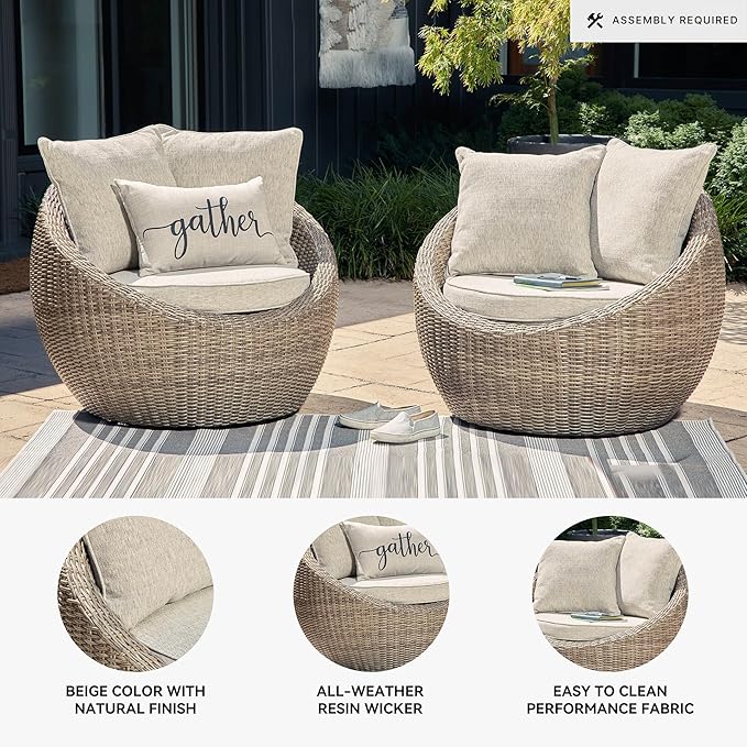 Signature Design by Ashley Danson Outdoor Lounge Chair with Cushion and 360-Degree Swivel, Set of 2, UV-Resistant Performance Fabric and Resin Wicker, Light Brown