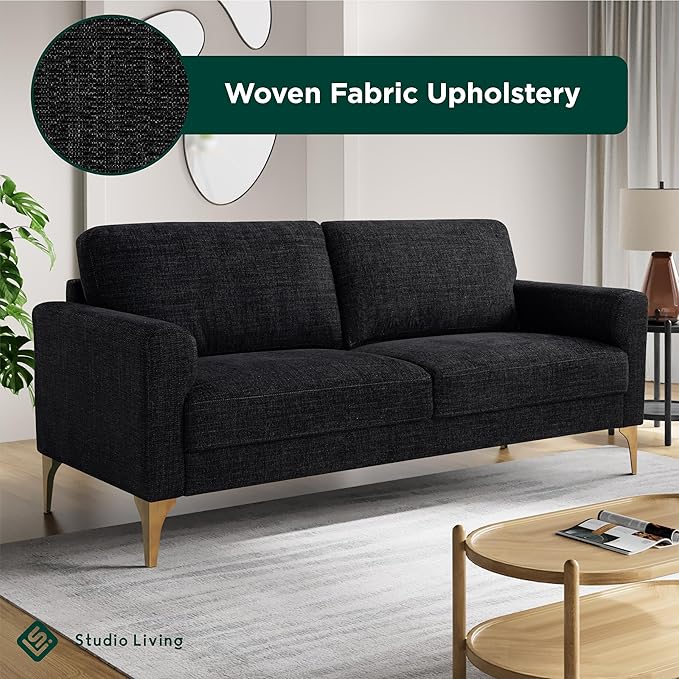 Studio Living® Matthew 75.6" Sofa, Mid-Century Modern, Pocket Coil Comfort, Metal Brushed Bronze Legs, Chenille Fabric, Black