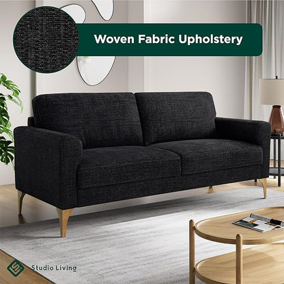 Studio Living® Matthew 75.6" Sofa, Mid-Century Modern, Pocket Coil Comfort, Metal Brushed Bronze Legs, Chenille Fabric, Black