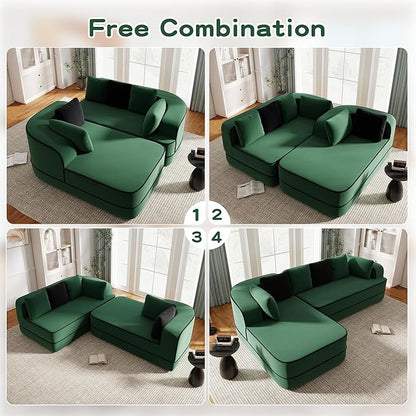 Cloud Sectional Sofa Modern Boneless Couch for Living Room, Comfy Deep Seat Comfy Teddy Fabric Double Sofa Chaise No Assembly Required (Green, 106" L Shape with Left Facing)