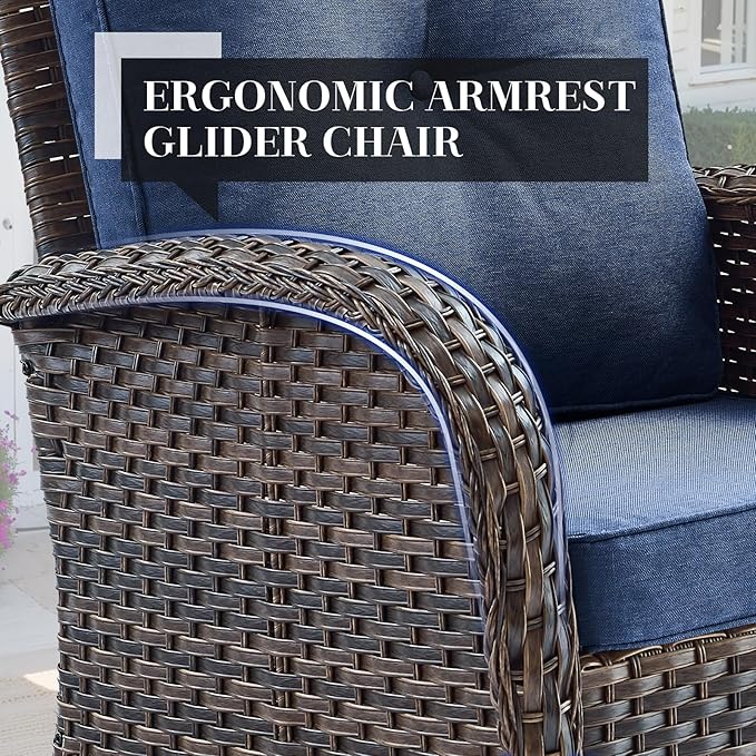 HUMMUH 5 Pieces Wicker Patio Furniture Set,Outdoor Swivel Gliders Rocker,Patio Ottomans,Glass Top Side Table,Outdoor Conversation Set for Porch Deck Backyard Poolside