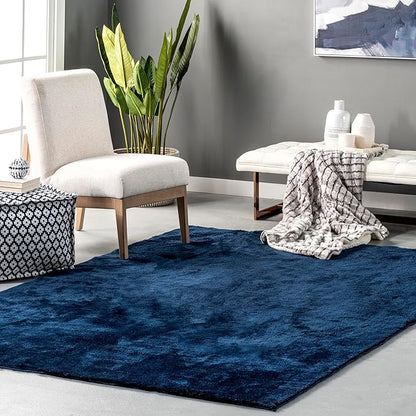 nuLOOM 4' Square Cozy Plush Area Rug, Machine Washable, Non-Slip, Soft Fluffy Shag Carpet for Living Room Bedroom Kids Room Nursery Home Decor, Loni Navy
