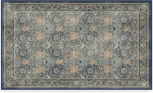RUGGABLE x Morris & Co Washable Area Rug – Honeysuckle & Tulip Blue 3x5, Stain-Resistant, Non-Slip – Small Machine Washable Rugs for Living Room, Bedroom, Hallway, Entryway & Office–with Standard Pad