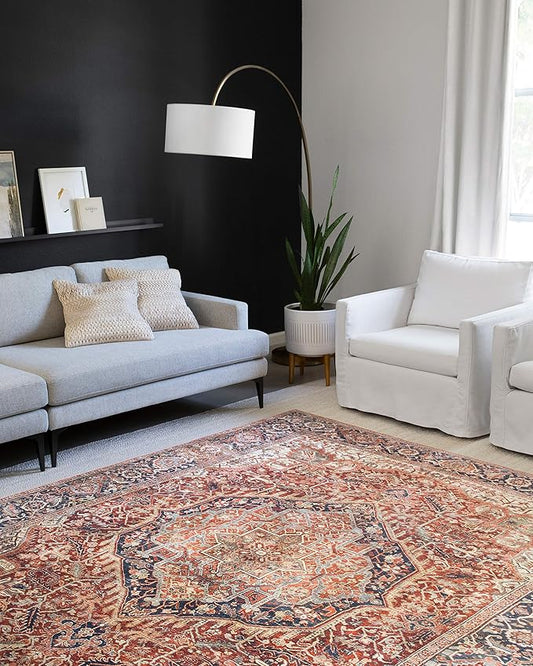 Loloi Layla Collection LAY-08 Red/Navy 2'-3" x 3'-9" .13" Thick Accent Rug, Soft, Durable, Vintage Inspired, Distressed, Low Pile, Non-Shedding, Easy Clean, Printed, Living Room Rug