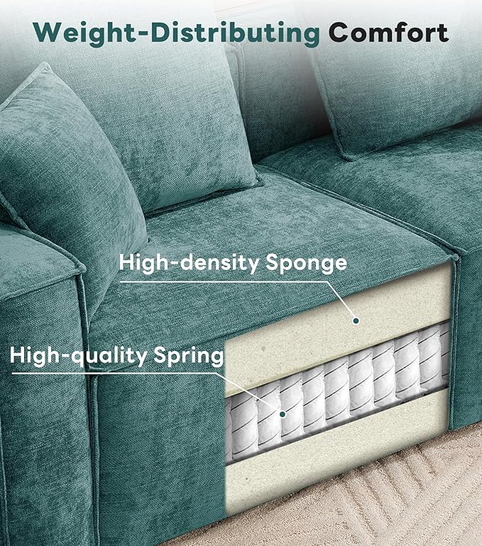 WILLOVE 47'' Single Sofa with Ottoman, Chenille Cloud Couch with Wide Armrests & 3 Pillows, Deep Seat Couches for Living Room, Green