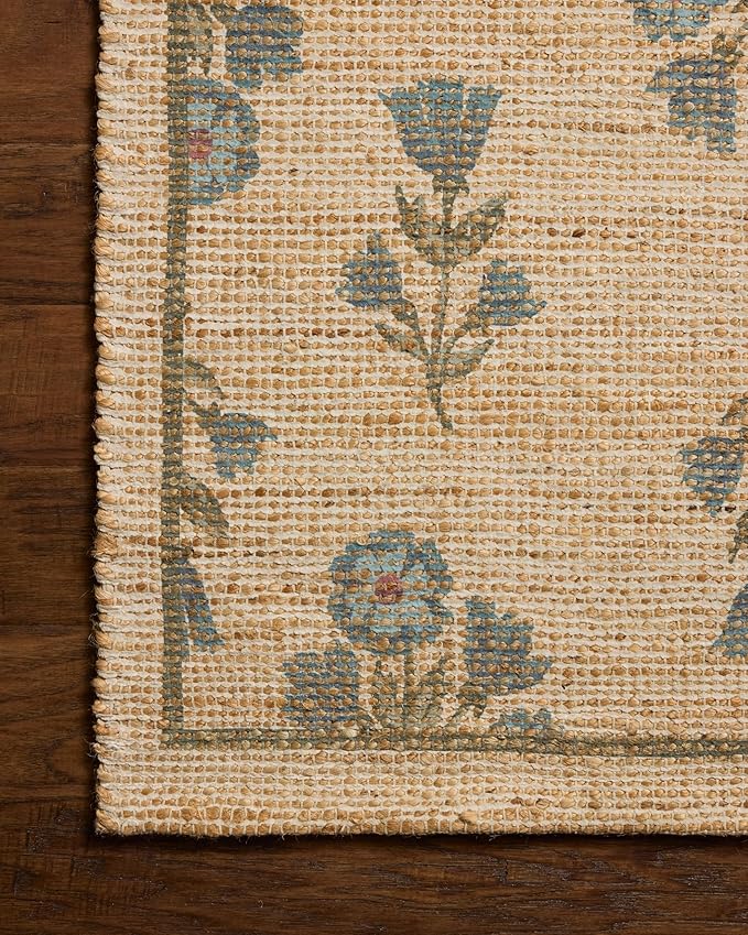Loloi Chris Loves Julia Rue Collection RUE-04 Moss/Blue 7'-6" x 9'-6" Area Rug Jute Neutral Floral Living Room Bedroom Rug