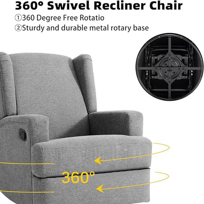Swivel Glider Recliner Chairs Set of 2 for Adults - High Back Rocker Recliners with Deep Seat, Comfortable & Quiet Upholstered Fabric Armchairs for Living Room or Nursery, Manual Reclining-Light Gray
