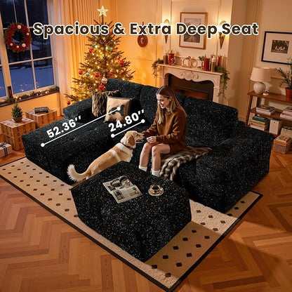 114" Glitter Cloud Sectional Couch with L-Shape Chaise & Ottoman, Modern Boneless Couches for Living Room, Fluffy Tufted Deep Seat Modular Sofa No Assembly (Black Sparkly Velvet,Left Facing)