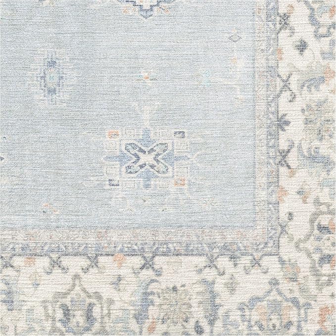 RUGGABLE Washable Vintage Area Rug – Verena Soft Blue 3x5, Stain-Resistant, Non-Slip – Small Machine Washable Rugs for Living Room, Bedroom, Hallway, Entryway & Office–with Standard Pad