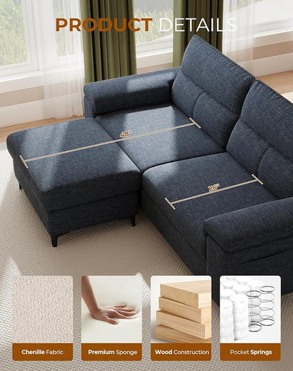 88.97" L Shaped Sectional Couches for Living Room, Deep Seat Sofa with Big Storage Ottoman & 8”Cushion, Comfy 2-Seater Chenille Loveseat, Convertible Armrest, Removable Cover for Small Space(Blue)