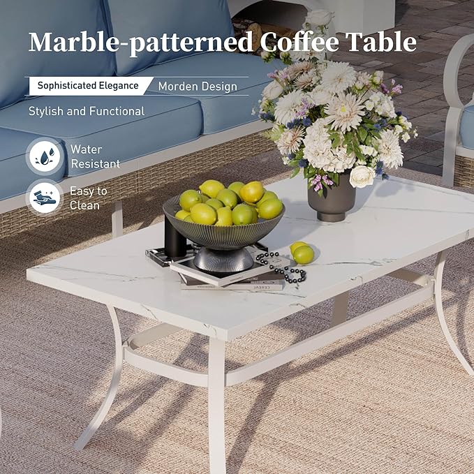 6 Piece Metal Outdoor Patio Furniture Sets, Patio Conversation Sets 1 3-seater Sofa, 4 Single Sofa with 5.75" Extra Thick Cushion and Coffee Table, White Frame Backyard Furniture, Blue