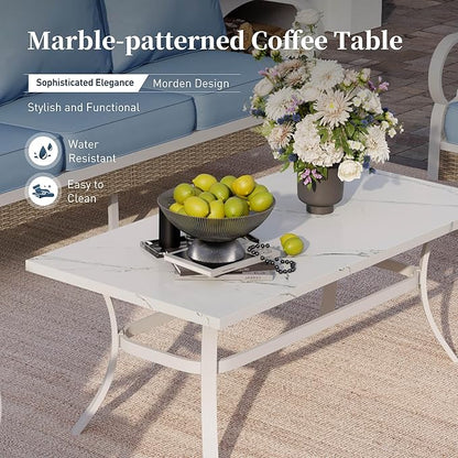 6 Piece Metal Outdoor Patio Furniture Set, Patio Conversation Sets 3-Seater Sofa, 2 Fixed Sofa, 2 Swivel Chair with 5.75" Thick Cushion and Coffee Table White Backyard Furniture, Blue