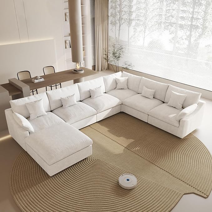 154" Modular Sectional Sofa Cloud Couch,Oversized Linen V-Shaped Sectional Sofa with Deep Seat, U-Shape 6-Seater Couch with Ottoman for Living Room in White
