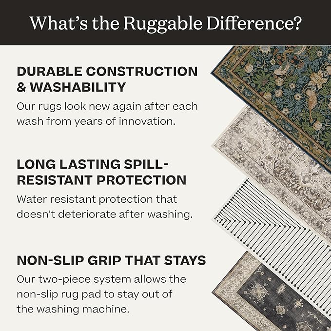 RUGGABLE Washable Vintage Area Rug – Kamran Blue Quartz 3x5, Stain-Resistant, Non-Slip – Small Machine Washable Rugs for Living Room, Bedroom, Hallway, Entryway & Office–with Standard Pad