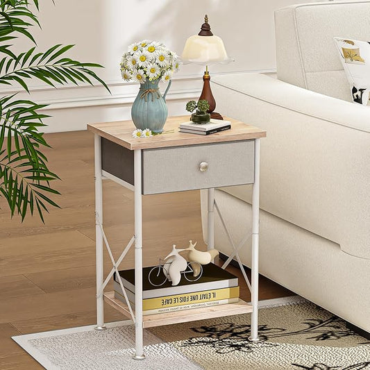 VECELO End Tables, Modern Nightstand with Fabric Drawer & Open Shelf, Night Stand for Bedroom Living Room, Industrial Metal Frame, Easy Assembly, Light Brown,2 Pack