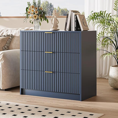 3-Piece Dresser Bedroom Set, 6 Drawer Dresser & 3 Drawer Nightstands with Gold Handles, Fluted Wood Chest of Drawers for Bedroom, Living Room, Entryway, Navy Blue