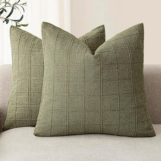 Foindtower Set of 2 Decorative Linen Check Throw Pillow Covers Neutral Farmhouse Vintage Cushion Covers Modern Boho Home Decor for Sofa Chair Couch Bedroom Living Room,24×24 Inch,Sage Green