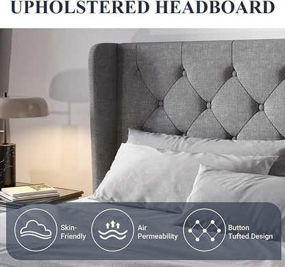 Allewie King Size Upholstered Platform Bed Frame with Wingback and Button Tufted Headboard for Reading, Strong Wood Slat Support, Modern Design, Easy Assembly, Light Grey