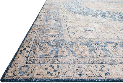 Loloi Layla Collection LAY-07 Blue/Tangerine 9'-0" x 12'-0" .13" Thick Area Rug, Soft, Durable, Vintage Inspired, Distressed, Low Pile, Non-Shedding, Easy Clean, Printed, Living Room Rug