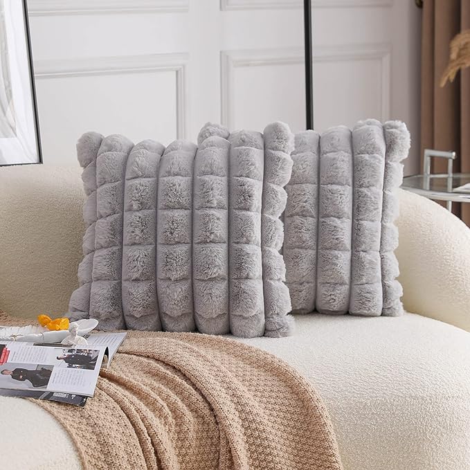 Neelvin Grey Faux Fur Cozy Soft Plaid Decorative Throw Pillow Covers 20x20 inch Set of 2,Velvet Pillowcase Cushion Case for Sofa Couch