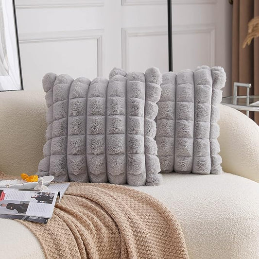 Neelvin Grey Faux Fur Cozy Soft Plaid Decorative Throw Pillow Covers 18x18 inch Set of 2,Velvet Pillowcase Cushion Case for Sofa Couch