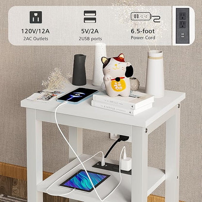 VECELO Modern Nightstands with Charging Station,Side End Table Night Stand with Storage Shelf for Small Spaces, Bedroom,Living Room