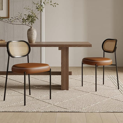 Rattan Dining Chairs Set of 6, Camel Leather Upholstered Dining Chairs with Rattan Cane Back, Mid Century Modern Dining Room Chairs with Black Metal Legs & D-Shaped Thicken Cushion, Camel