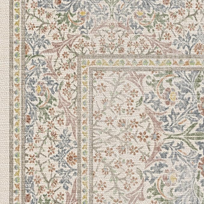 RUGGABLE x Morris & Co Washable Area Rug – Blackthorn Ivory Blue 2x3, Stain-Resistant, Non-Slip – Small Machine Washable Rugs for Living Room, Bedroom, Hallway, Entryway & Bathroom–with Cushioned Pad
