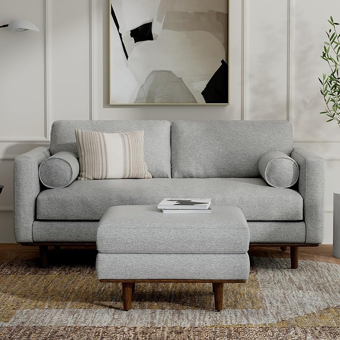 SIMPLIHOME Morrison 72-inch Wide Sofa in Mist Grey Woven-Blend Fabric, Handcrafted Mid-Century Modern Loveseat for Living Room or Family Room, Single Bench Cushion, Bolster Pillows