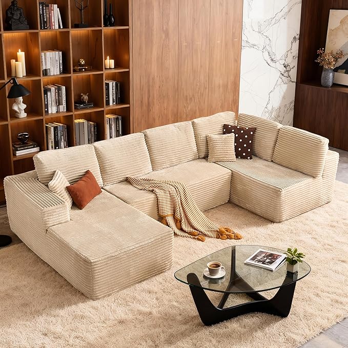 Cloud Sectional Couch with Chaise, Boneless U-Shaped Cloud Couch with Deep Seat, Soft Plush Modern Minimalist Sofa, Assembly Free Modular Floor Sofa for Office Living Room Apartment, Beige