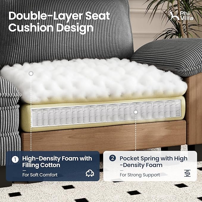 PHI VILLA Indoor Modular Sectional Couches Sets, 2-Piece Armless Sofa Set, 2-Seater Upholstered Couch for Living Room Small Spaces, Corduroy Fabric, Grey