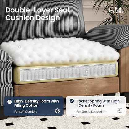 PHI VILLA Cloud Modular Couch Sets, 157.5" Large Sectional Sofa with U-Shaped Chaise, 6-Seater Couches with Movable Ottomans for Living Room, Corduroy Fabric, Grey