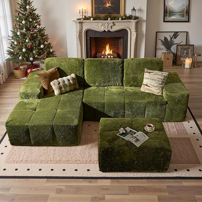 114" Glitter Cloud Sectional Couch with L-Shape Chaise & Ottoman, Modern Boneless Couches for Living Room, Fluffy Tufted Deep Seat Modular Sofa No Assembly (Green Sparkly Velvet,Left Facing)