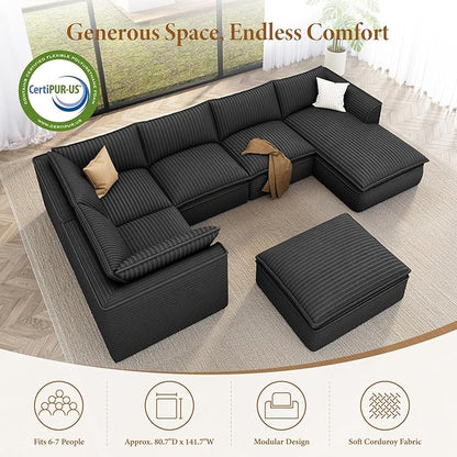 Vesgantti 141.7" Oversized Sectional Boneless Couch, 7 Seater Modular Sofa with Chaise & Ottoman & Armrest, Deep Seat Plush Corduroy Cloud Couch for Living Room, No Assembly Required, Dark Gray