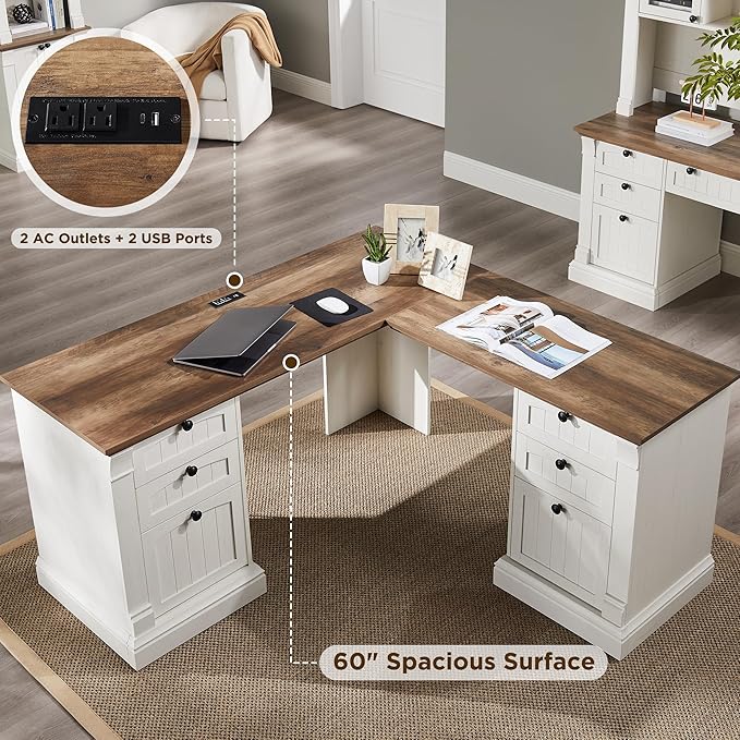 OKD 60" L Shaped Executive Desk with Drawers, Farmhouse Home Office Desk with Charging Station, File Cabinet Storage, Wood Corner Computer Desk for Work and Study, Antique White