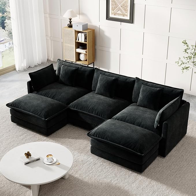 Modular Sectional Sofa, 111.5 Inch U-Shaped Cloud Sofa with Deep Seat Chenille Sofa with Cushions, Three-Self Sectional Sofa for Living Room Apartment,Black